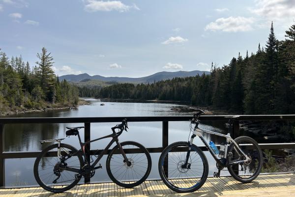 Bicycles lean against a bridge on the route toward the previously inaccessible Boreas Ponds 