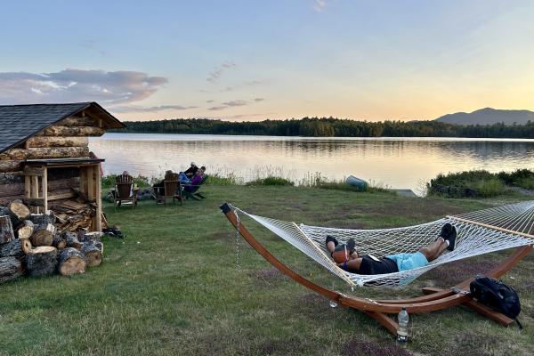 Hammocks, a lean-to and sunset at Paul Smith's College.