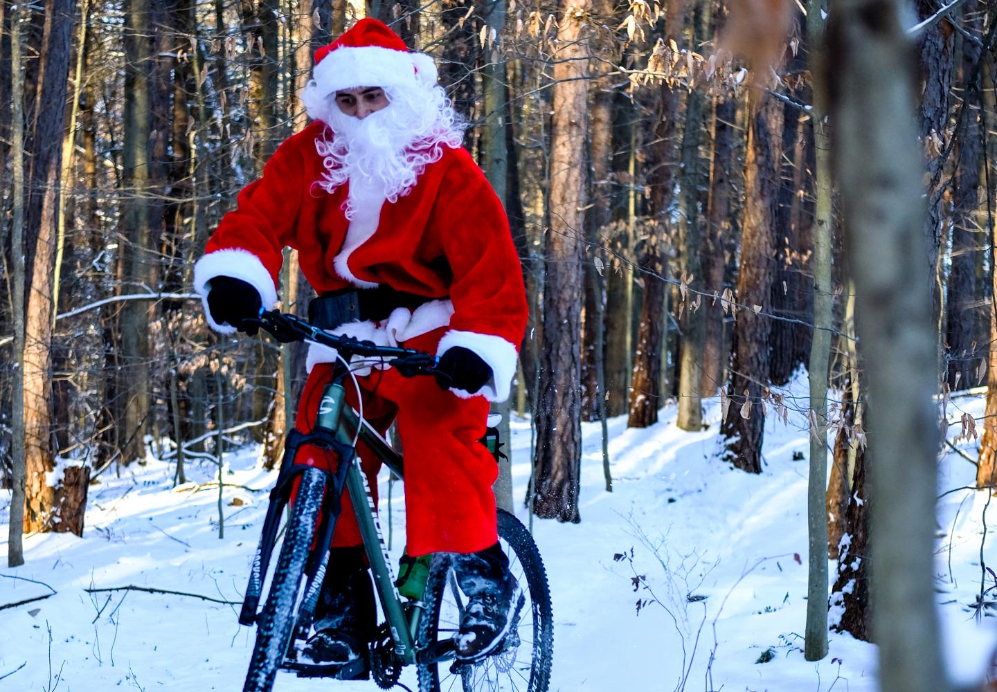 Santa shreds a little single track.