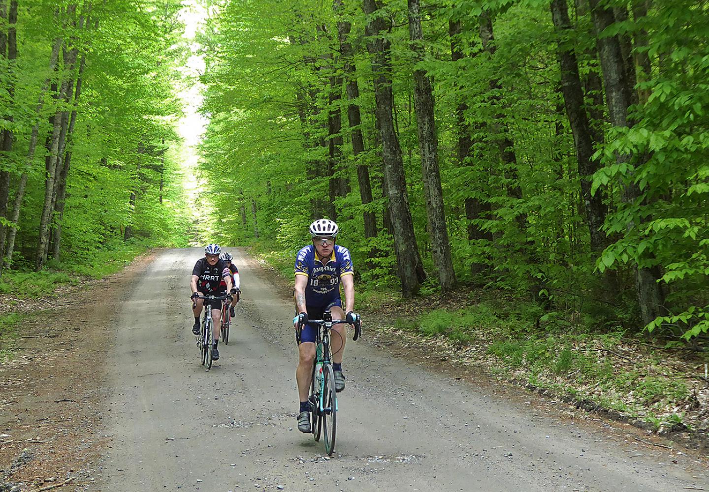 Cycling the fine gravel of the Central Adirondacks.