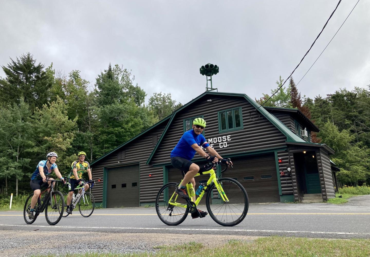 Riding past Big Moose Fire Station. 