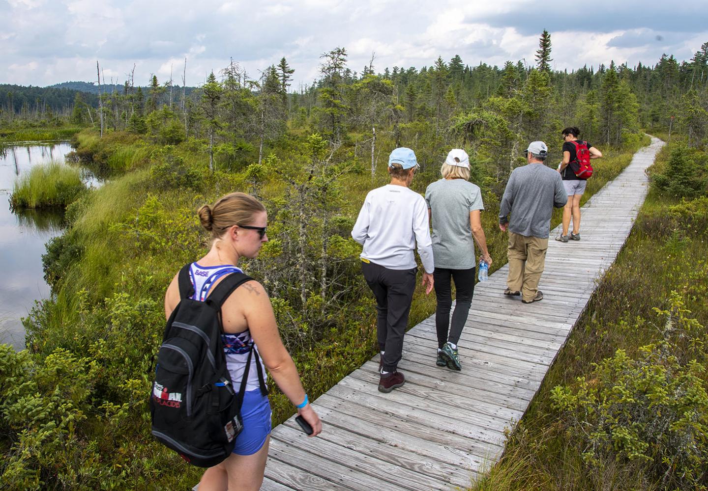 Cyclists (including the author on the left) explore a bog at the Paul Smith's College Visitor's Interpretive Center.