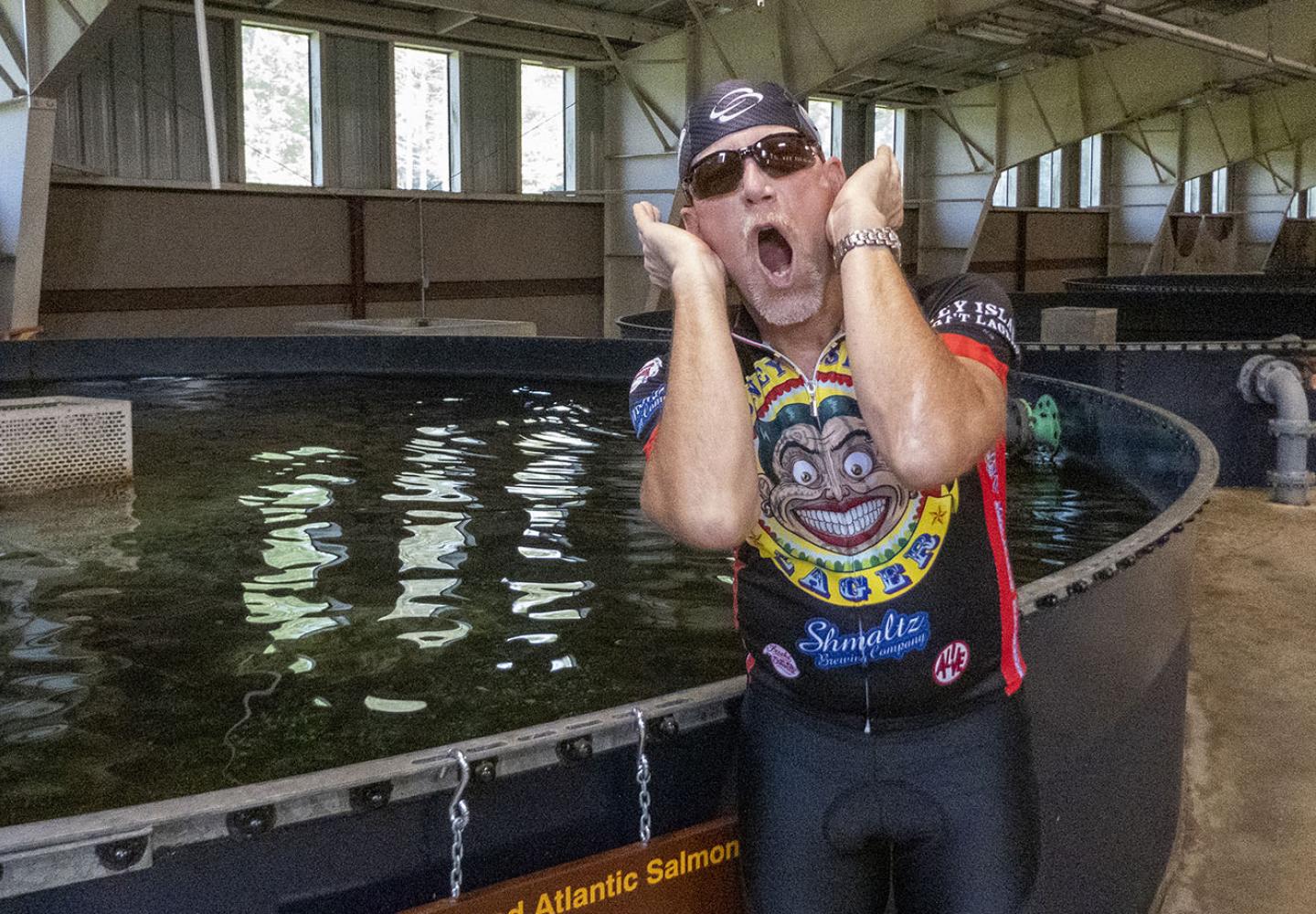 BikeADK ride marshal and photographer Dave Kraus with his best fish impression. 