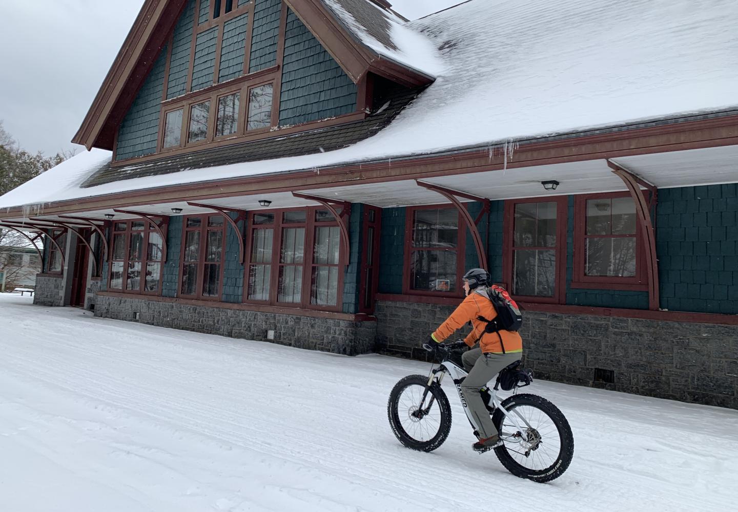 The author starts his ride from the Saranac Lake train depot.