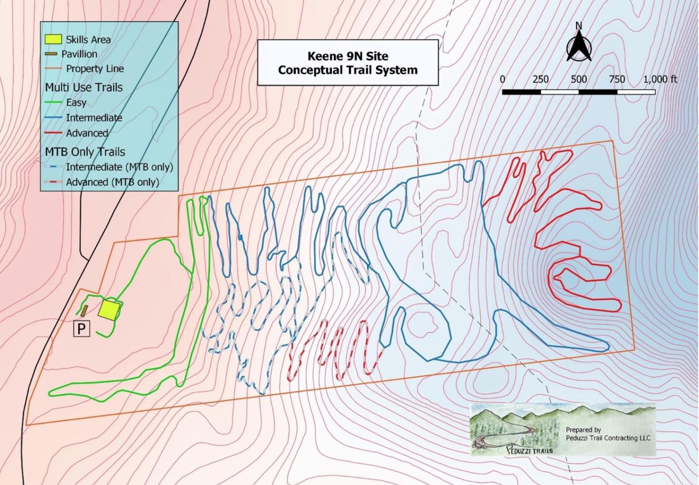 Peduzzi Trail Contracting’s plan for the Keene trails will enable mountain bikers to ride in a variety of loops. The actual trails may differ from those shown on this map, which is included in Peduzzi’s report to the Keene Youth Commission.