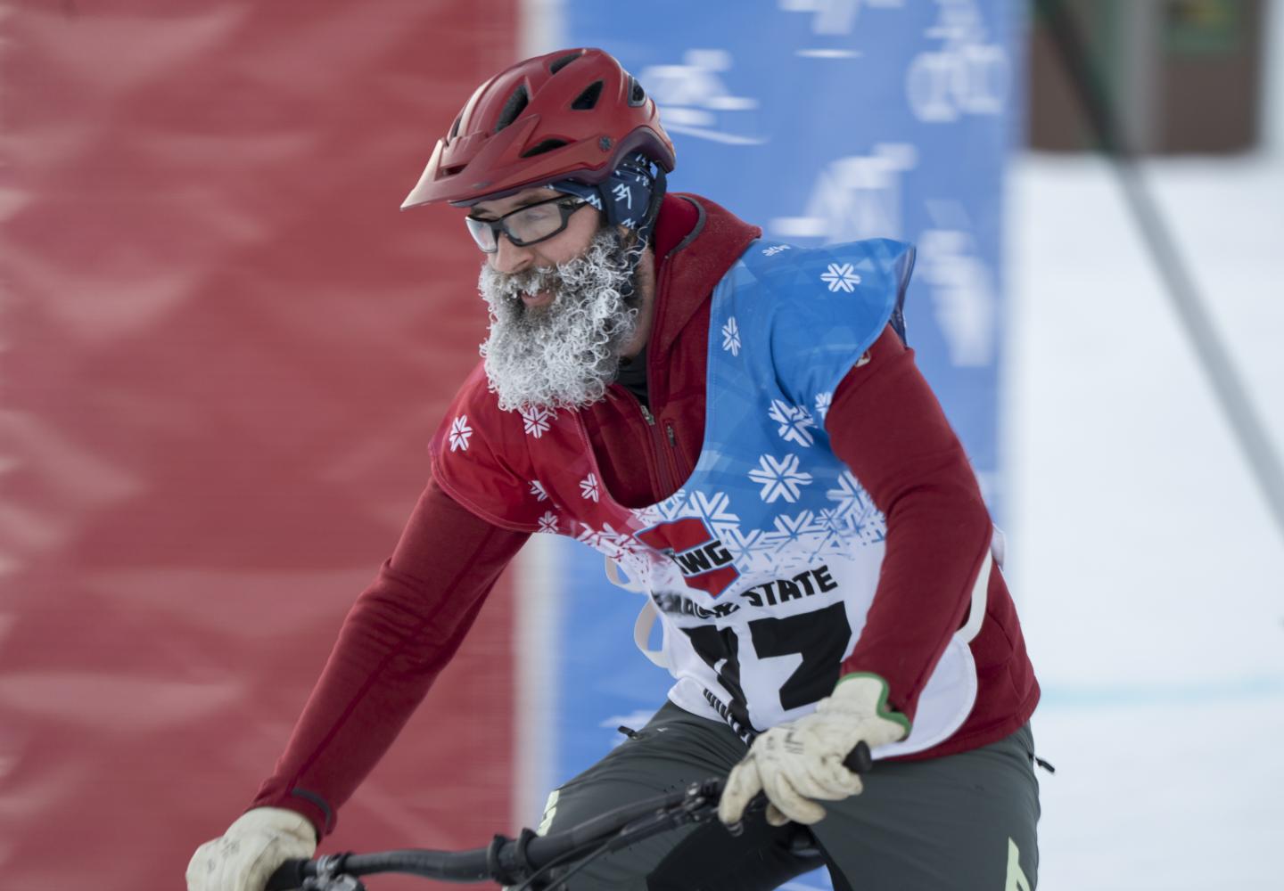 Patrick Robinson begins his fourth lap during the Empire State Winter Games Cross-Country Biking 5K race at Mt. Pisgah on Saturday, February 5, 2022. (Photo by Kayla Breen/Newhouse School)