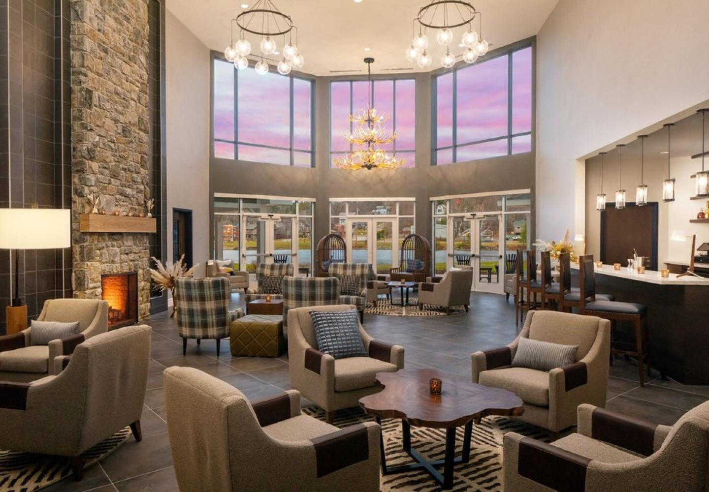 A spectacular lobby at the Saranac Waterfront Lodge