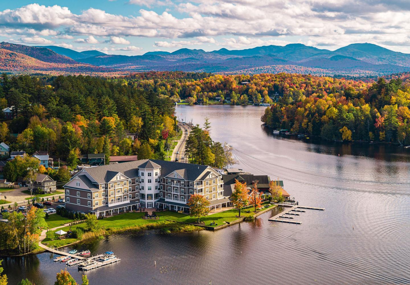 Aerial view of the Saranac Waterfront Lodge