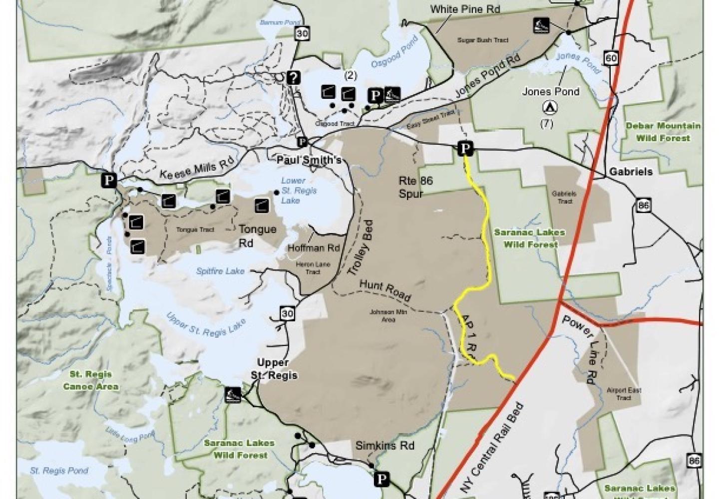 The yellow line on the map shows the author’s route on the Jackrabbit Ski Trail and logging roads to reach the New York Central rail bed. Map by NYSDEC.