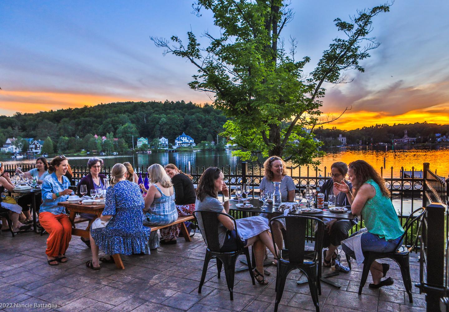 Sunset dinner scene at the Saranac Waterfront Lodge.