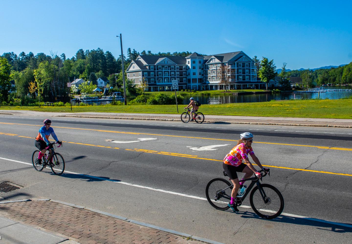 Cruising out of Saranac Lake with the Saranac Waterfront Lodge in the background.