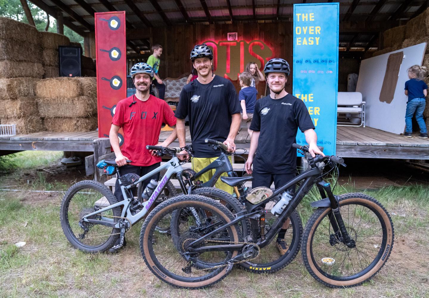 Riders celebrate finishing the Over Easy at Otis Mountain in Elizabethtown