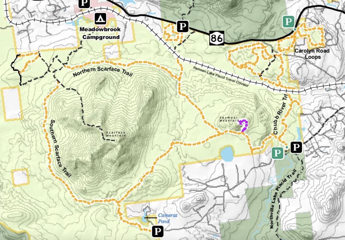 This DEC map shows a proposed BETA built trail around Scarface Mountain. 