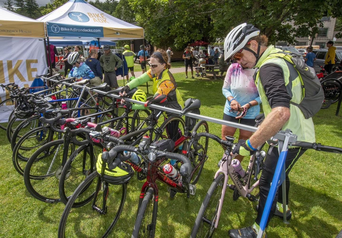 Secure bike parking by CycleSafe at the Saranac Lake Farmer's Market rest stop. 