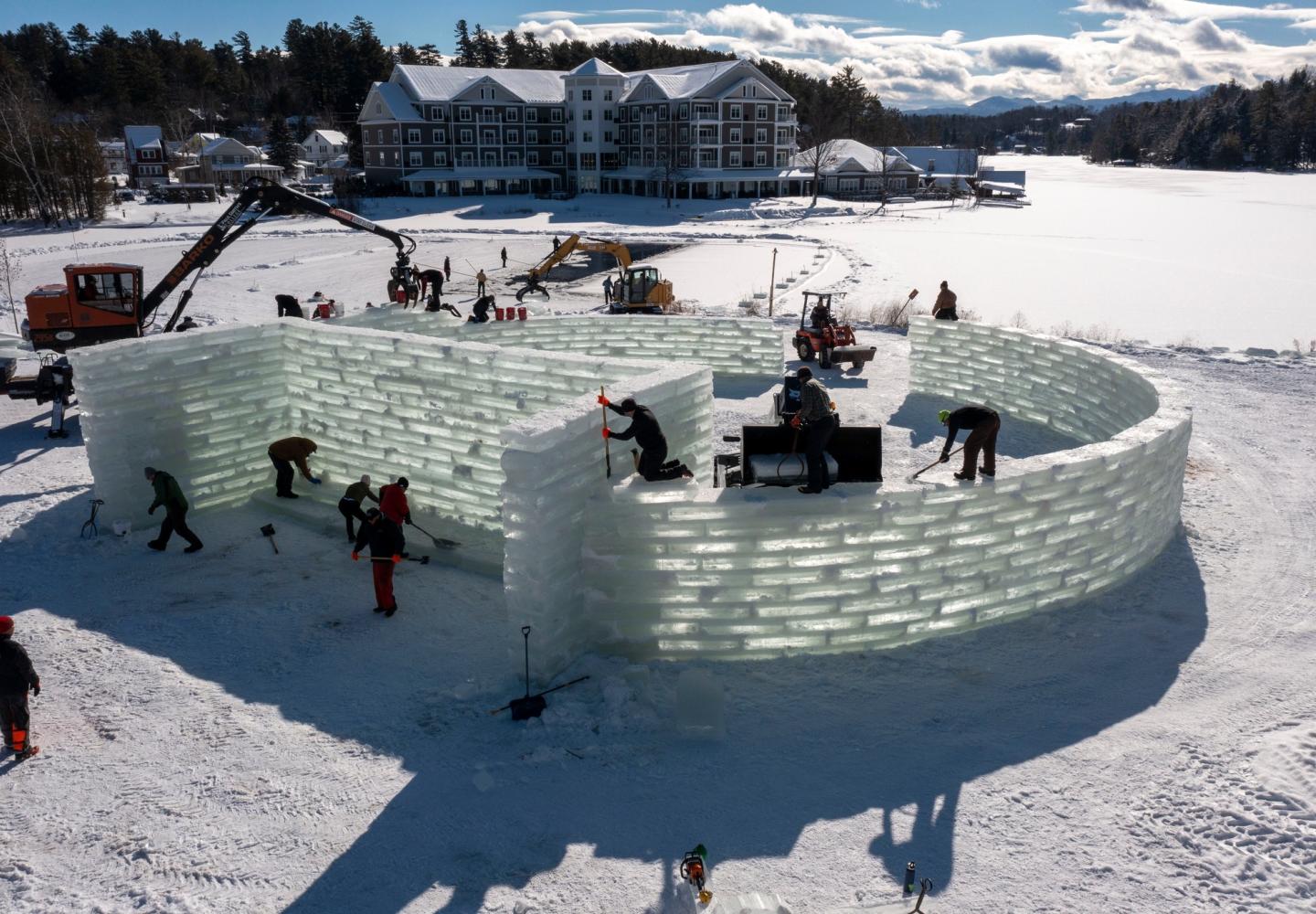 The 2023 Saranac Lake Winter Carnival Ice Palace during construction. Image by Adirondack Drone.