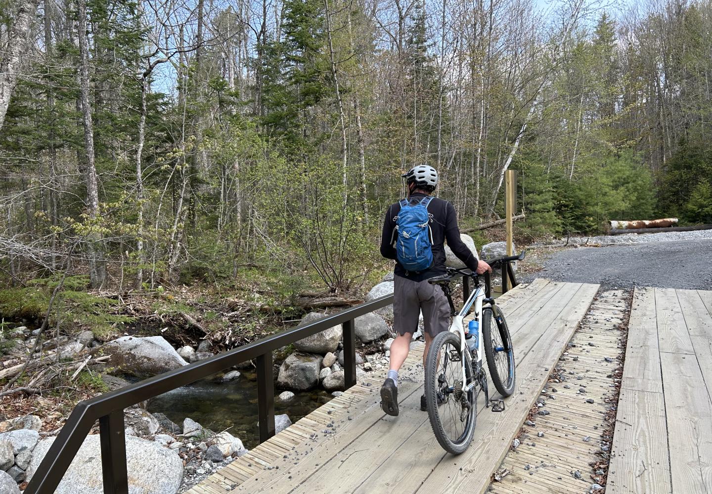 A cyclist strolls over a bridge after taking in the view.