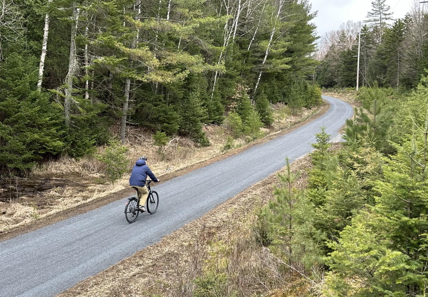 A cyclist rides on the stone dust surface covering Phase 1 of the Adirondack Rail Trail.