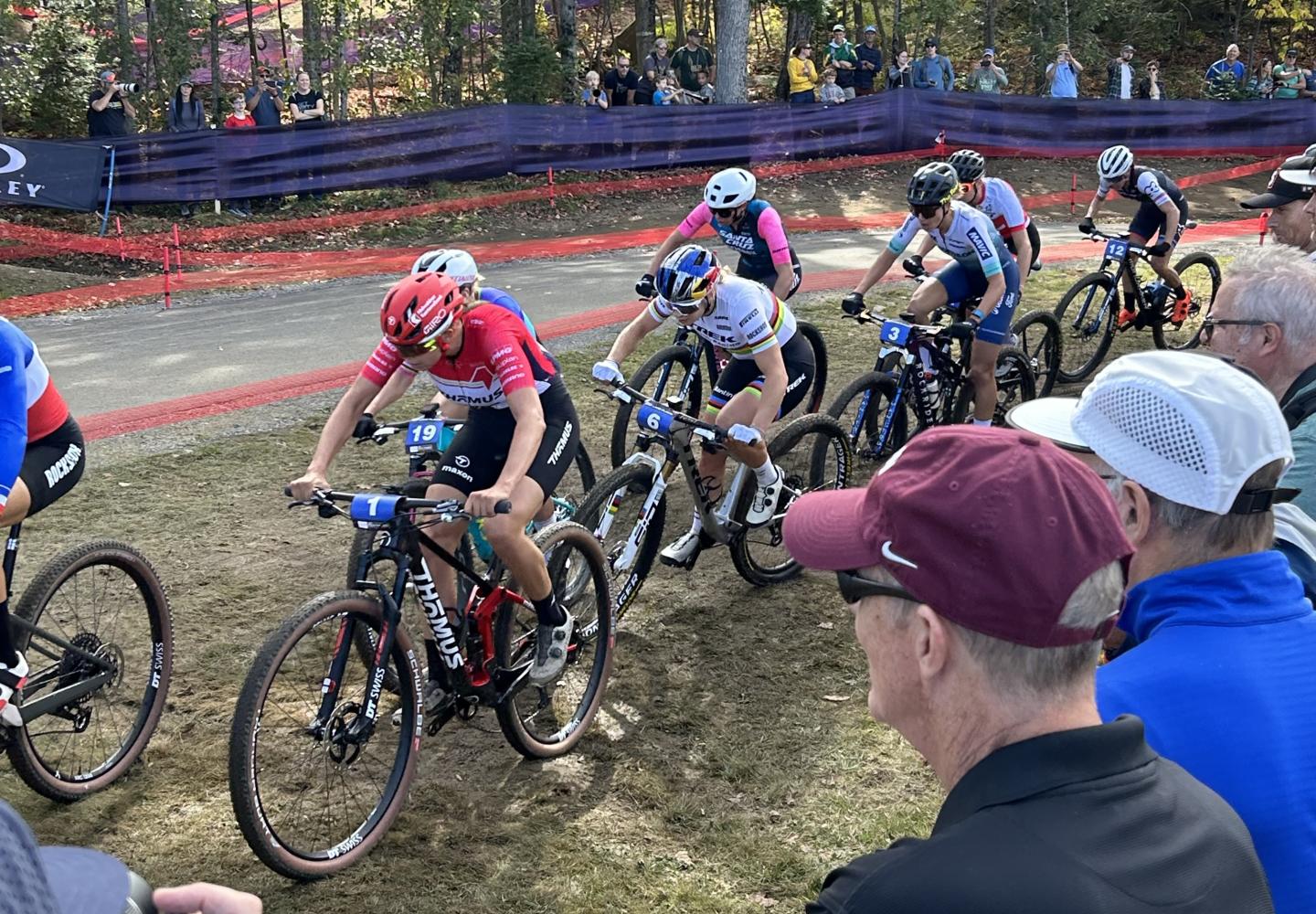 Fans watch the start of the women's cross country race.