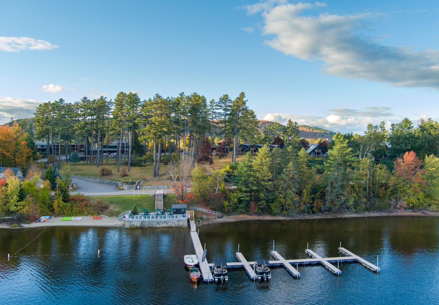 The private beach and marina at the Lodge at Schroon Lake