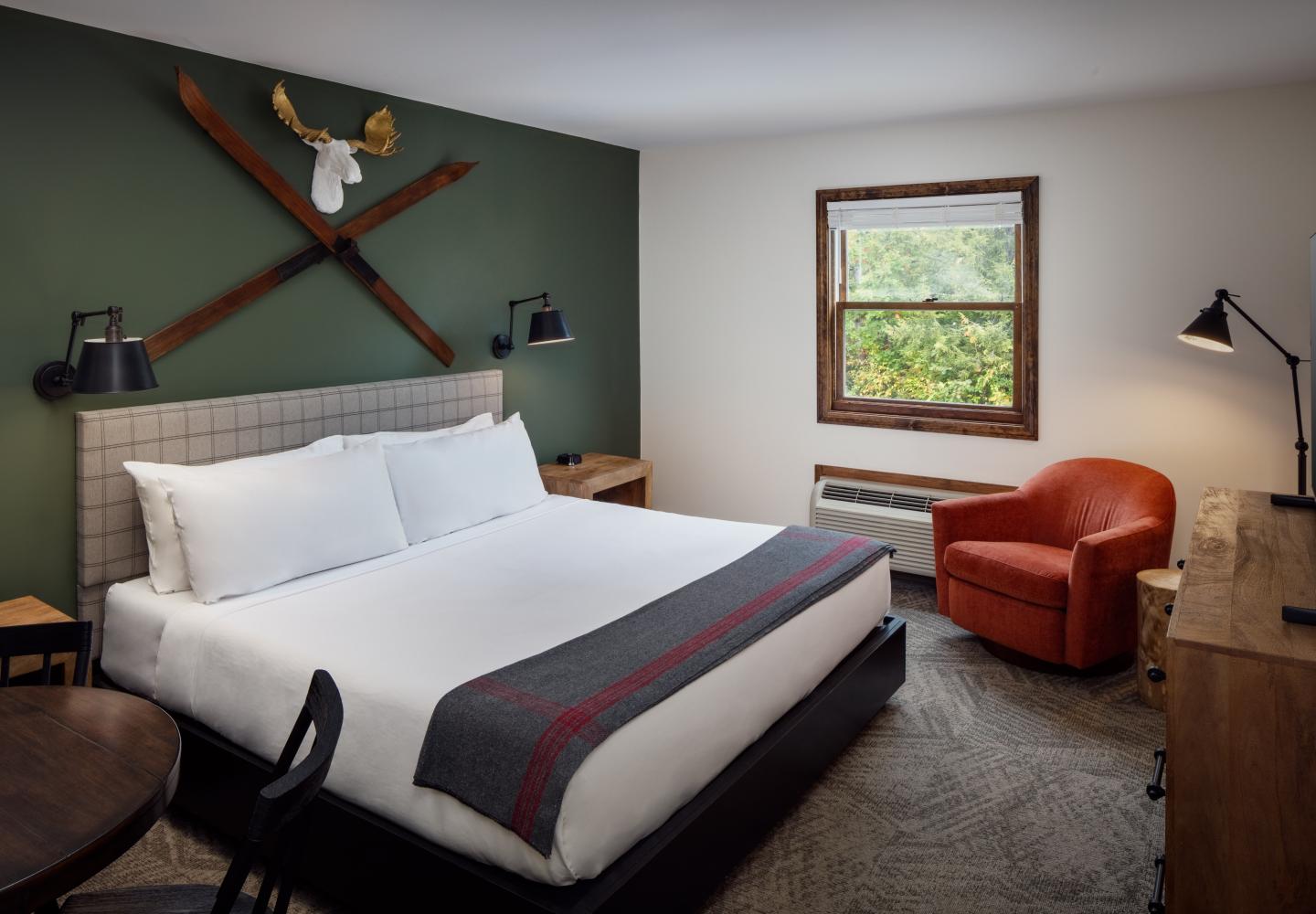 A standard king room at the Lodge at Schroon Lake