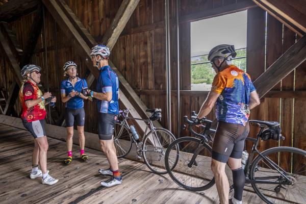 Hanging out at the historic Jay Covered Bridge.